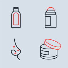 Set line Deodorant roll, Acne, Cream lotion cosmetic tube and Bottle of shampoo icon. Vector
