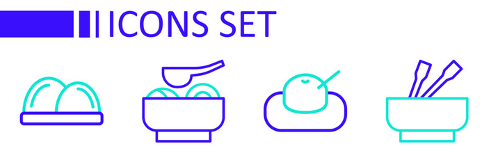 Set line Asian noodles in bowl, Mochi, Ramen soup and Sushi icon. Vector