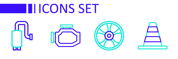 Set line Traffic cone, Alloy wheel for car, Check engine and Car muffler icon. Vector