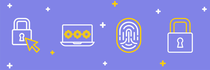 Set line Lock, Fingerprint, Laptop with password and icon. Vector