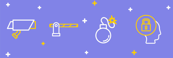 Set line Lock, Bomb, Parking car barrier and Security camera icon. Vector © Iryna