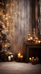 Vertical Christmas Background, cozy holiday backdrop with rustic ornaments and warm lights