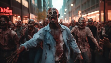 Fototapeta premium Photo of a horde of zombies roaming the city streets