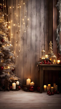 Vertical Christmas Background, cozy holiday backdrop with rustic ornaments and warm lights