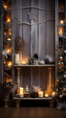 Fototapeta na wymiar Vertical Christmas Background, cozy holiday backdrop with rustic ornaments and warm lights