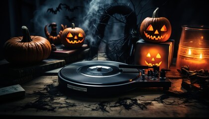 Photo of a Halloween-themed turntable with pumpkins and candles