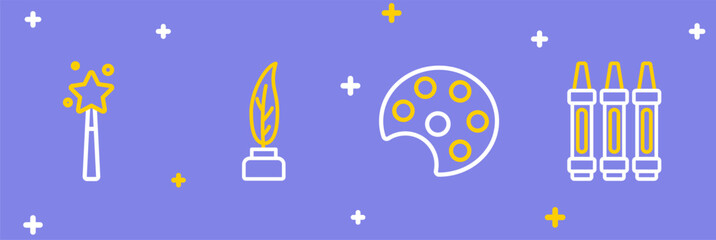 Set line Wax crayons for drawing, Palette, Feather and inkwell and Magic wand icon. Vector