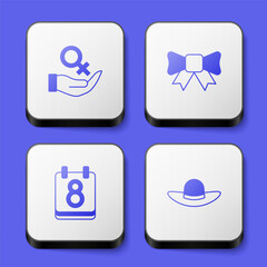Set Female gender symbol, Gift bow, Calendar with 8 March and Elegant women hat icon. White square button. Vector