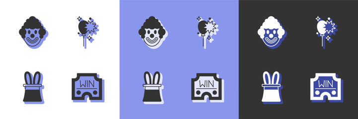 Set Casino win, Clown head, Magician hat and rabbit ears and Balloons with ribbon icon. Vector