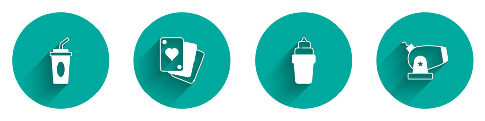 Set Paper glass with water, Playing cards, Ice cream waffle and Cannon icon with long shadow. Vector