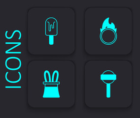 Set Lollipop, Ice cream, Circus fire hoop and Magician hat and rabbit ears icon. Black square button. Vector