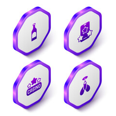 Set Isometric Bottle of wine, Online sports betting, Casino signboard and Dart arrow icon. Purple hexagon button. Vector