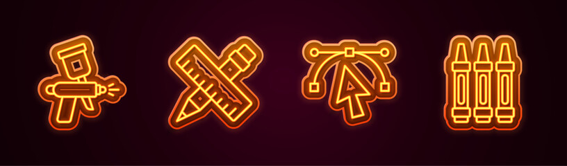 Set line Paint spray gun, Crossed ruler and pencil, Bezier curve and Wax crayons for drawing. Glowing neon icon. Vector
