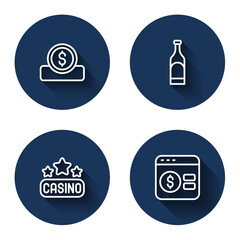 Set line Coin money with dollar, Bottle of wine, Casino signboard and Online poker table game with long shadow. Blue circle button. Vector