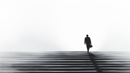 Black and white image of a man with a suitcase walking up the stairs. Made with Generative AI.