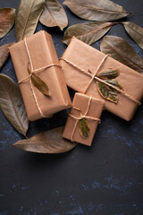 Rustic gift packages wrapped in craft paper
