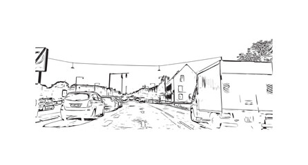 Building view with landmark of  Roskilde is the city in Denmark. Hand drawn sketch illustration in vector.