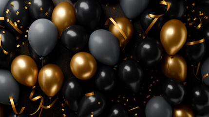 Black gold and silver balloons background with glitter, luxury romantic celebration card.
