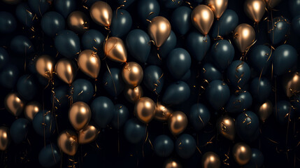 Black gold and silver balloons background with glitter, luxury romantic celebration card.