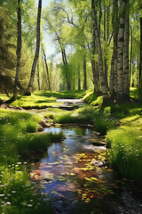 Fototapeta na wymiar Beautiful fairy tale enchanted forest, magical fantasy scenery with big trees and greenery.