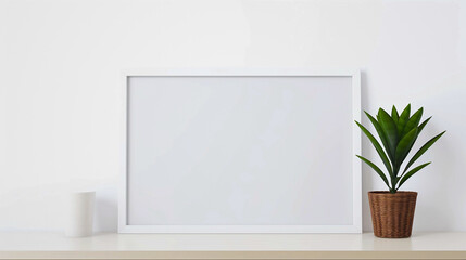 Photo of a minimalist white shelf with decorative vases and an empty picture frame.