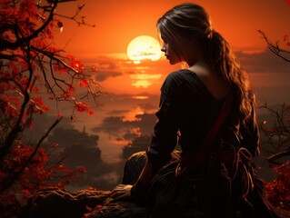 Portrait of beautiful epic warrior woman at sunset AI