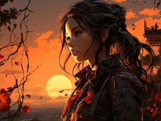 Portrait of beautiful epic warrior woman at sunset AI