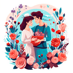 Couple in love with flowers, illustration. Generative AI