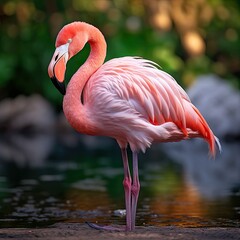 beautiful pink flamingo in full growth close-up stands in a pond among green plants