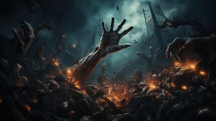 Halloween concept, zombie hand rising out from the ground. - obrazy, fototapety, plakaty