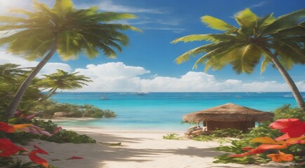 Fototapeta na wymiar view of island, island in the sea, beach with palm trees and sea, view of tropical island, tropical beach