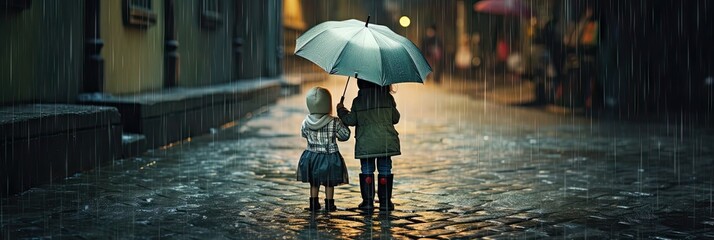 kid holding umbrella in a rainy day