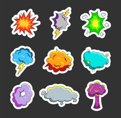 Explosion air cloud. Sticker Bookmark. Comic speech bubble. Vector drawing. Collection of design elements.