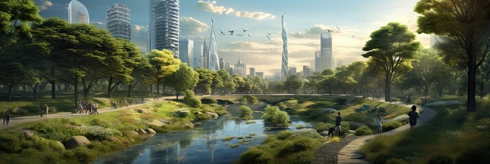 Fototapeta premium utopian paradise - sustainable cityscape skyline with green plants, water, and skyscrapers