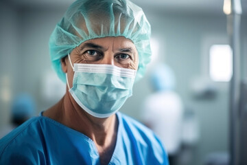 Photo of a man wearing a surgical mask in a hospital