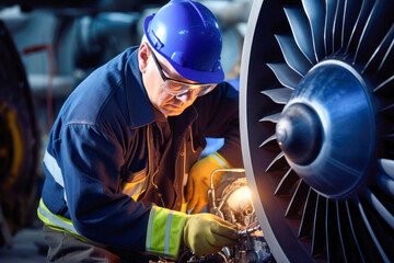 aircraft technician is repairing a turbine - 639351495