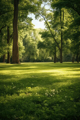 Beautiful panoramic landscape of park with trees and green grass field in autumn sunny morning.