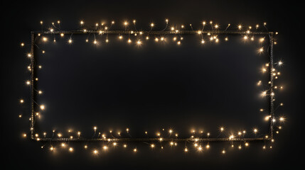 Rechteckiger Rahmen aus warmen LED-Lichter auf schwarzem Hintergrund, mit Platz für Text, Weihnachtsbeleuchtung 