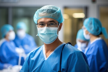 Photo of a team of medical professionals wearing scrubs and masks
