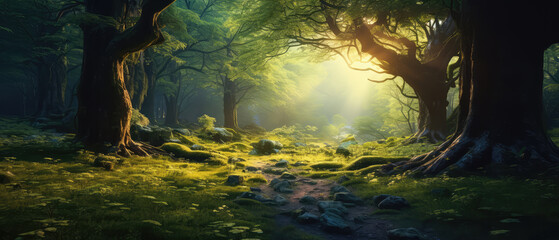 Beautiful fairy tale enchanted forest, magical fantasy scenery with big trees and greenery.