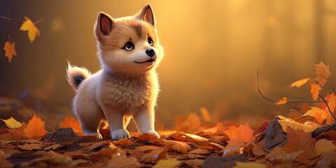a fluffy shiba inu puppy rolling in the fall leaves