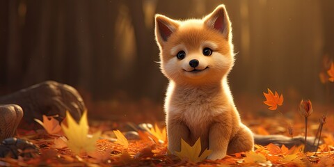 a fluffy shiba inu puppy rolling in the fall leaves