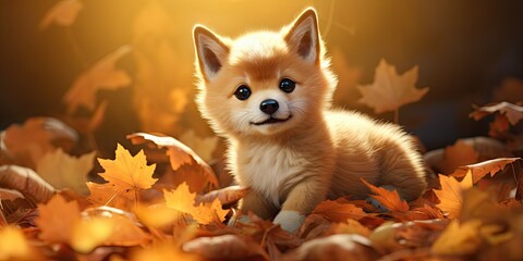 a fluffy shiba inu puppy rolling in the fall leaves - obrazy, fototapety, plakaty
