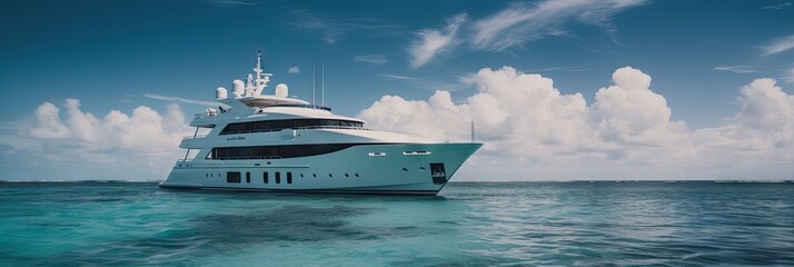 A luxury yacht sailing on the ocean blue with blue skies and blue waters - obrazy, fototapety, plakaty