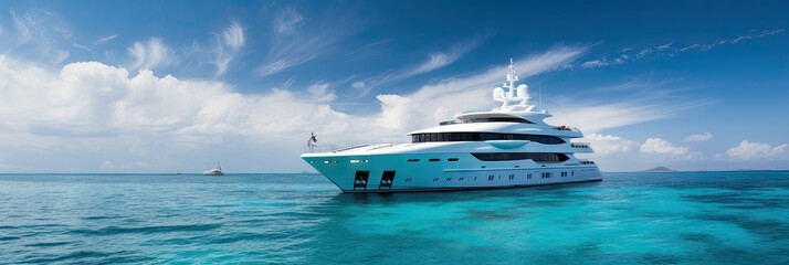 A luxury yacht sailing on the ocean blue with blue skies and blue waters