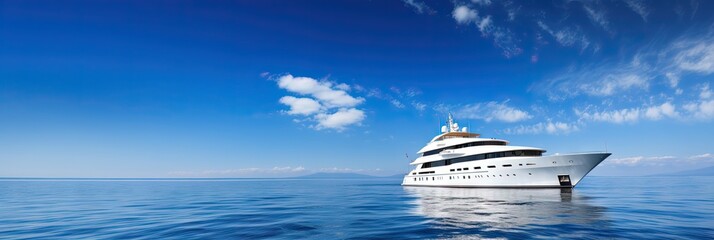 A luxury yacht sailing on the ocean blue with blue skies and blue waters