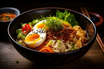 Delightful ramen dish with vegetable and egg toppings. Generative AI