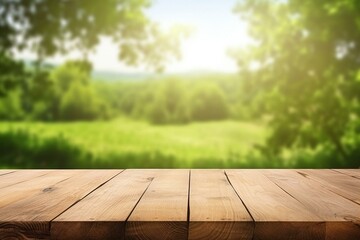 Wooden table on blurred nature background. Picnic display for design and product. Generative AI