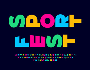 Vector creative poster Sport Fest. Colorful unique Font. Set of rotated Alphabet Letters and Numbers