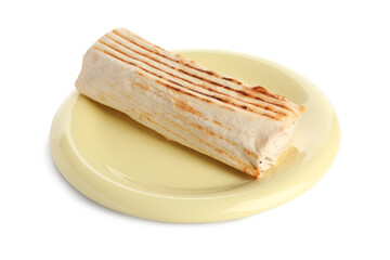 Plate with tasty shawarma on white background